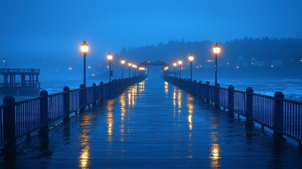Fototapeta premium Rainy night pier, ocean waves, coastal town