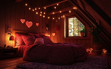 Dreamy attic bedroom with heart-patterned bedding and warm glowing fairy lights for Saint Valentines Day and 8 March Womens Day, in a cozy rustic setting