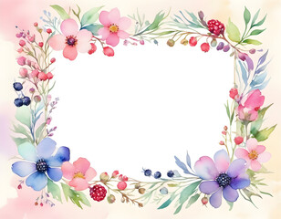 Fototapeta premium Watercolor Floral Frame Border Pastel Pink Purple Flowers Wreath Wedding Invitation Design Template