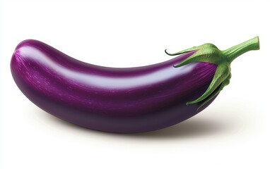 Deep purple eggplant with a green stem and smooth surface isolated on a white background