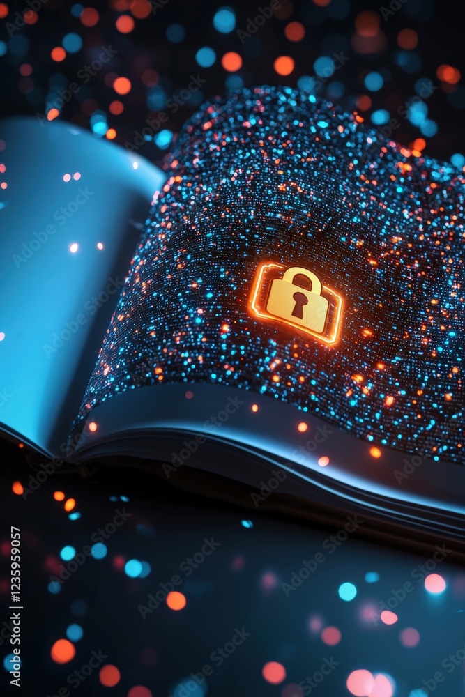 Poster document glowing with a lock icon and a shield symbolizing security