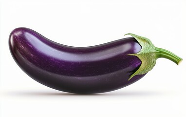 Deep purple eggplant with a green stem and smooth surface isolated on a white background