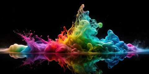 Obraz premium A vibrant explosion of color in liquid, creating a mesmerizing rainbow-like formation, reflected in the still water below.