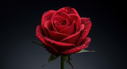 Beautiful Close-Up Photograph of a Red Rose with Dew Drops Against Black Background for Floral and Romantic Themes