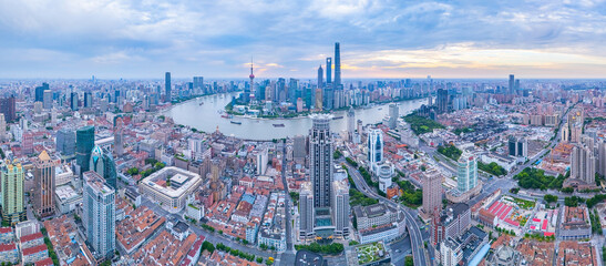 Aerial View of Shanghai skyline at sunrise with the Winding River