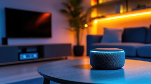 Smart Home Evening Ambiance: Alexa Speaker on Coffee Table