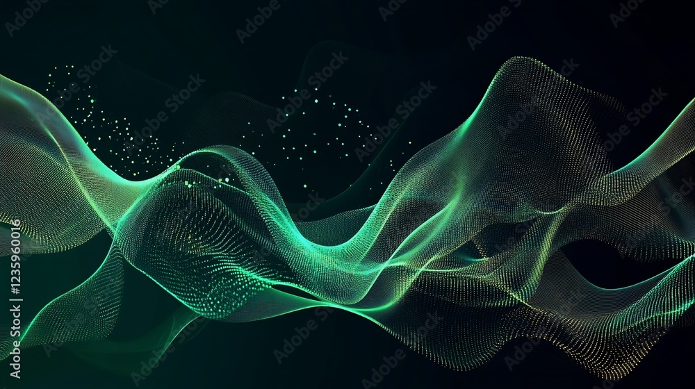 Poster abstract wave pattern with green light and particles on a dark background, creating a futuristic and