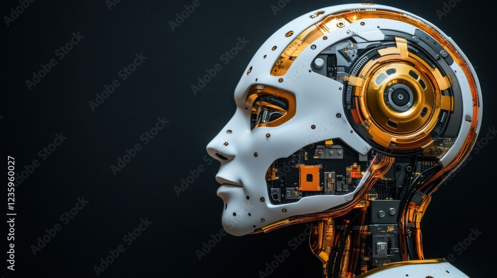 Poster futuristic robotic head showcasing intricate circuitry and design against a dark background