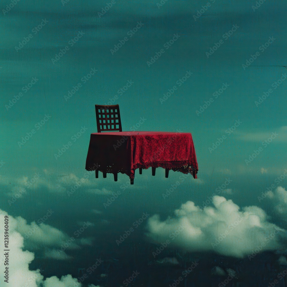 Poster surreal floating workspace above clouds introspective design sunlit environment wide-angle perspecti