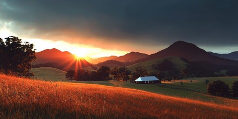 Fototapeta premium Dramatic sunrise over rolling hills scenic landscape elevated viewpoint vibrant colors in nature