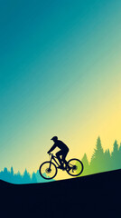 Fototapeta premium A silhouetted cyclist rides uphill against a vibrant gradient sky, surrounded by trees, capturing the essence of adventure and freedom.