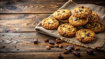 Fototapeta premium A stack of freshly baked chocolate chip cookies on a rustic burlap cloth, with scattered chocolate chips and squares on a wooden table