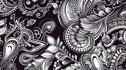 Elegant Black and White Intricate Floral and Paisley Pattern Design