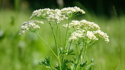 Delicate White Flowers in Vibrant Green Field Under Soft Sunlight