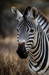 Striking Zebra Portrait: A close-up portrait of a zebra's face, showcasing its distinctive black and white stripes.  Its intelligent eyes hold a sense of quiet awareness.  The background blurs gently.