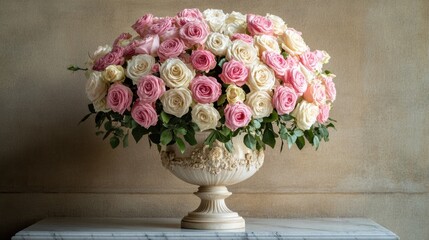 A grand arrangement of pink and white roses in a decorative ceramic urn, placed on a marble pedestal.