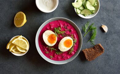 Cold summer beet soup with cucumbers, dill and egg