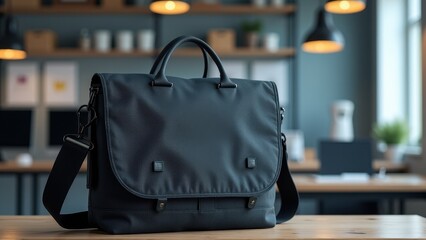 Messenger Bag Mockup,  Workspace with a focus on a messenger bag on a desk highlighting fabric and compartment details.