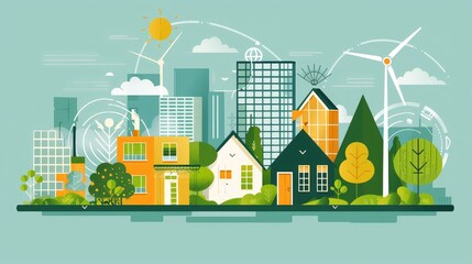 Naklejka premium Vibrant Urban Landscape Illustrating Sustainable Living Concepts