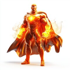 Fire-wielding superhero with a flaming cape and magma armor, radiating heat waves, centered on a clean white background