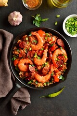 Creole style jambalaya with prawn, smoked sausages and vegetable