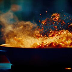 Dynamic top-down shot of fiery chili soup in a cauldron captivating steam and vibrant blends for culinary art