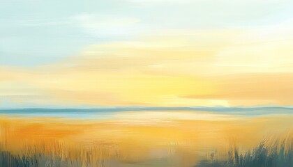 Obraz premium Serene Sunset Over Golden Fields and Calm Water