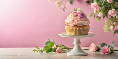 A beautifully styled birthday cupcake sitting atop a tiered stand on a soft pink background, surrounded by delicate pastel-colored flowers and lush greenery , cupcake, colorful presentation