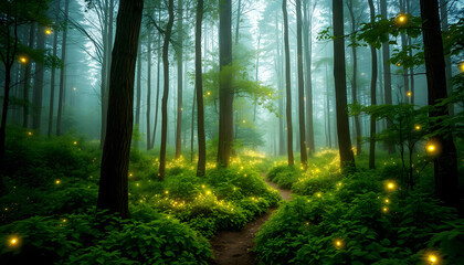 Fototapeta premium Enchanting forest with sunlight filtering through trees and glowing fireflies - nature's magic and serenity