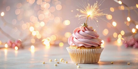 A delicate pink cupcake with a golden sparkler placed on top