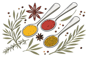Colorful spices, Assorted herbs, Silver spoons, White background, Overhead view, Culinary ingredients, Vibrant powders, Dried herbs, Aromatic seasonings, Food photography, Turmeric, Paprika, Peppercor