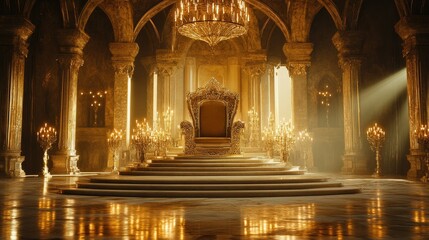 Obraz premium Golden throne placed on a raised platform with steps, in a castle's lavish hall adorned with grand arches and glowing candelabras.