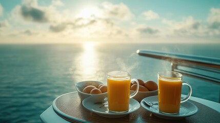 Gourmet breakfast on a cruise ship balcony, featuring steaming coffee, fresh orange juice, and eggs, overlooking the tranquil ocean