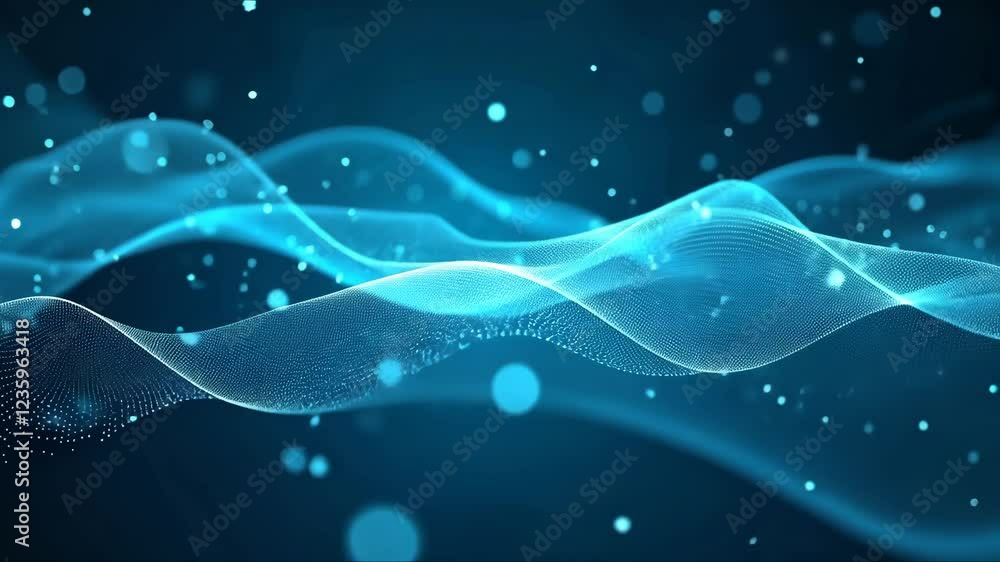 Poster the image is a blue wave with a lot of small dots in it. the dots are scattered all over the wave, c