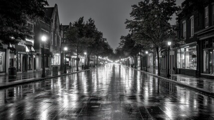 Fototapeta premium Rainy night street scene, town, reflections, empty, calm, black and white, atmospheric, urban, background