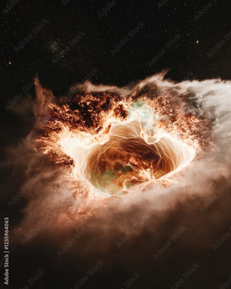 Poster dynamic cosmic storm surrounding a glowing spaceship sci-fi scene outer space abstract perspective e