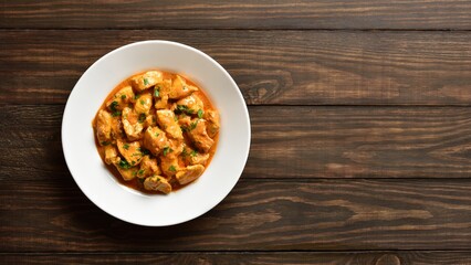  Indian dish chicken tikka masala on plate on wooden background