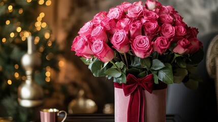 Fototapeta premium A lush rose bouquet in rich pink tones, tied with a velvet ribbon, placed in a designer gift box.