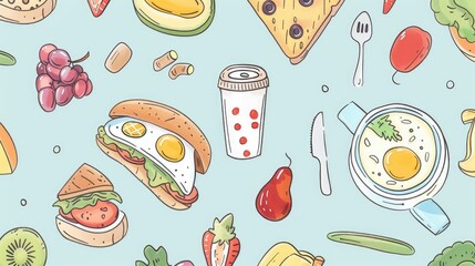 Colorful Food Pattern Featuring Diverse Delicious Dishes and Snacks