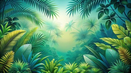 Tropical Jungle Landscape with Blue and Green Gradient Background in Shaded Turquoise and Lime , plants, jungle,  plants, jungle