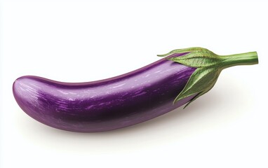 Deep purple eggplant with a green stem and smooth surface isolated on a white background