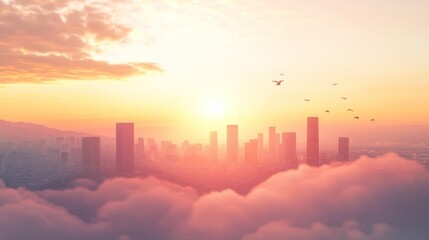 Fototapeta premium Cityscape Sunset Above Cloudscape Birds Flying
