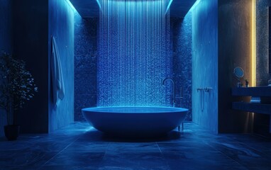 Deep Blue Spa-Like Bathroom with waterfall showers and LED lighting, creating a calming and elegant atmosphere