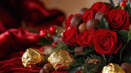 A luxurious Valentine chocolate bouquet with gold-wrapped chocolates, red roses, and delicate greenery, placed on a velvet surface.