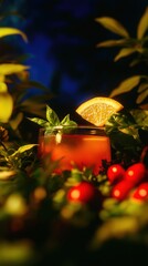 Refreshing lemon basil cocktail enjoyed in a sunny garden oasis vibrant greenery elegant atmosphere