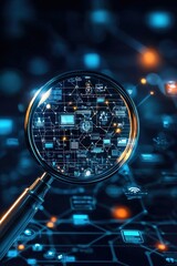 Magnifying glass glowing over policy text and icons of compliance