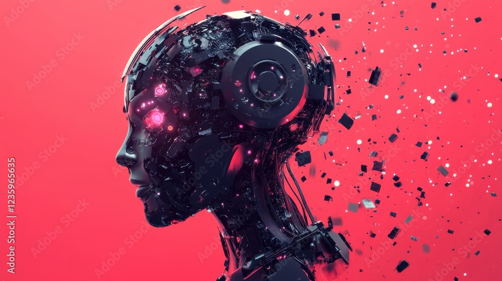 Poster futuristic robotic head with fragmented elements against a vibrant red background