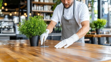 Fototapeta premium Man in gloves applying finishing touch to wood surface in modern café interior with potted plant on table, showcasing craftsmanship and attention to detail.
