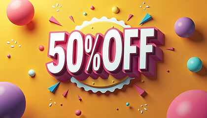 Bright and colorful 50% off discount sign with playful design elements