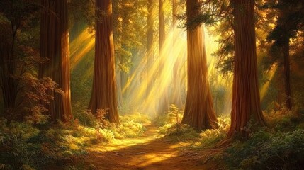 Obraz premium A serene forest scene with sunlight filtering through tall trees, creating a peaceful atmosphere.